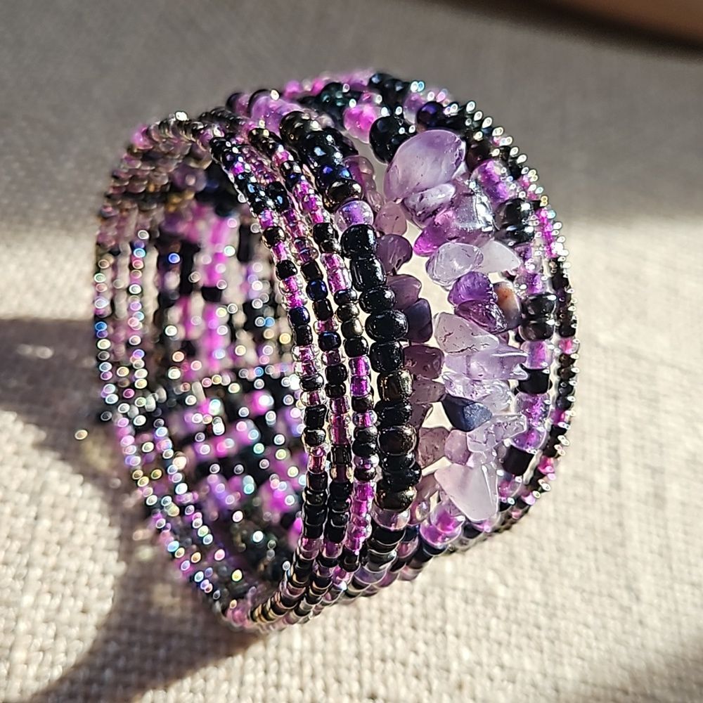Whimsy Goth Beaded Cuff Bracelet Purple Black Pink - Picture 7 of 8